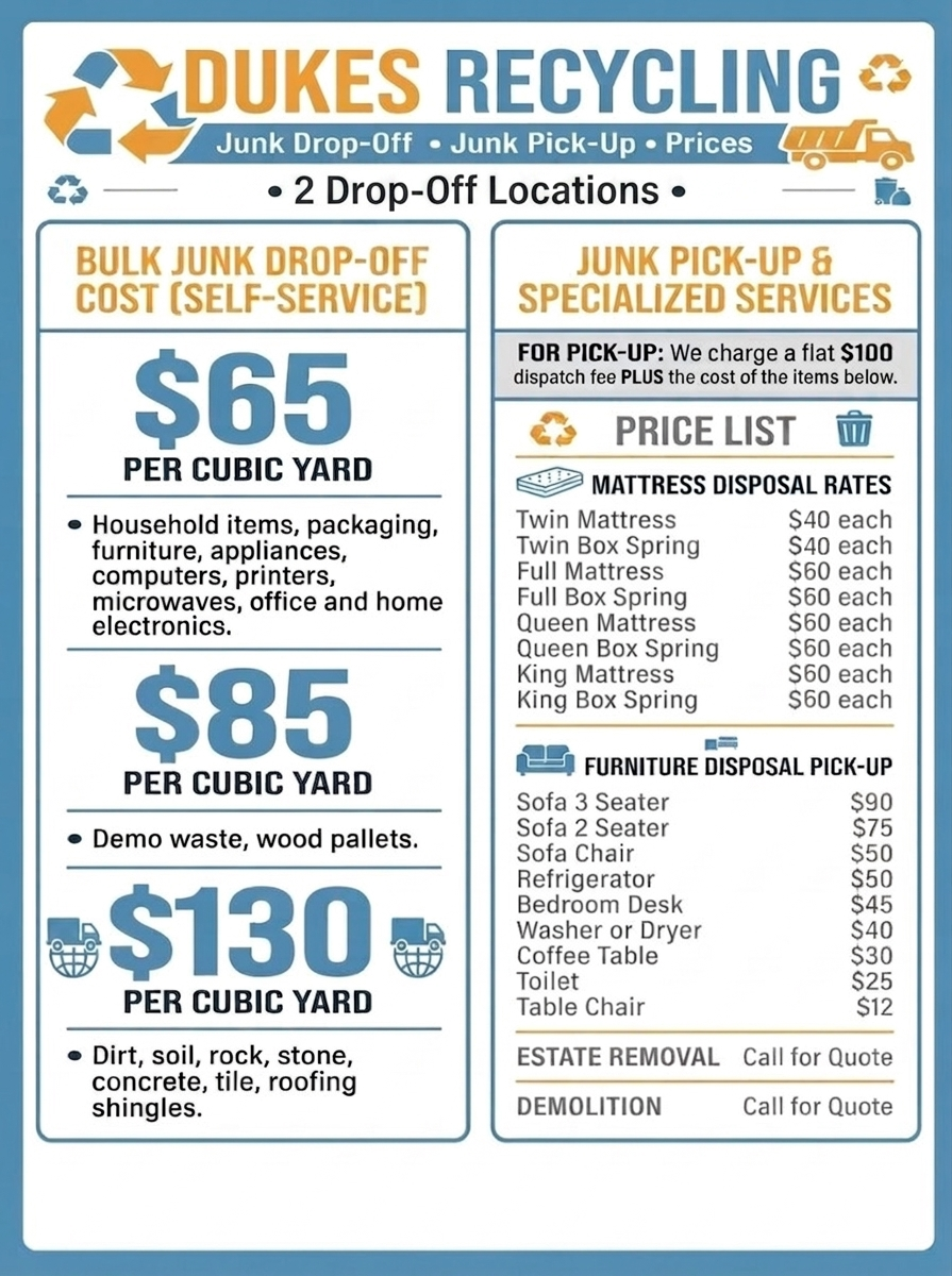 Duke's Junk Recycling price menu — junk removal drop-off and pick-up rates in Austin, TX