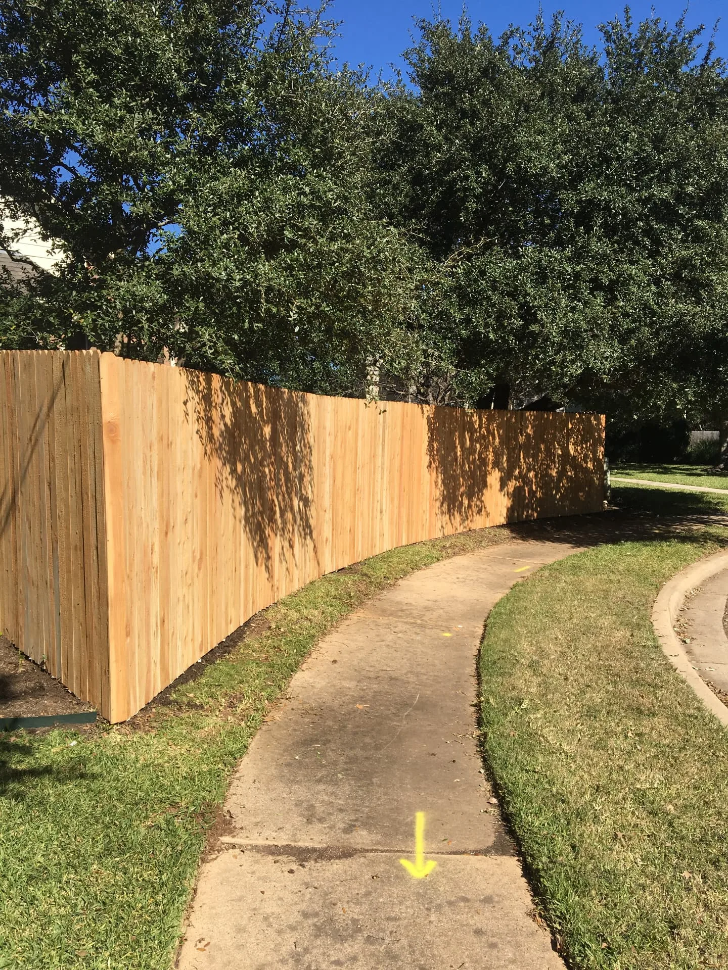 Long cedar privacy fence line built along a sidewalk by Duke's fence installation in Austin, TX