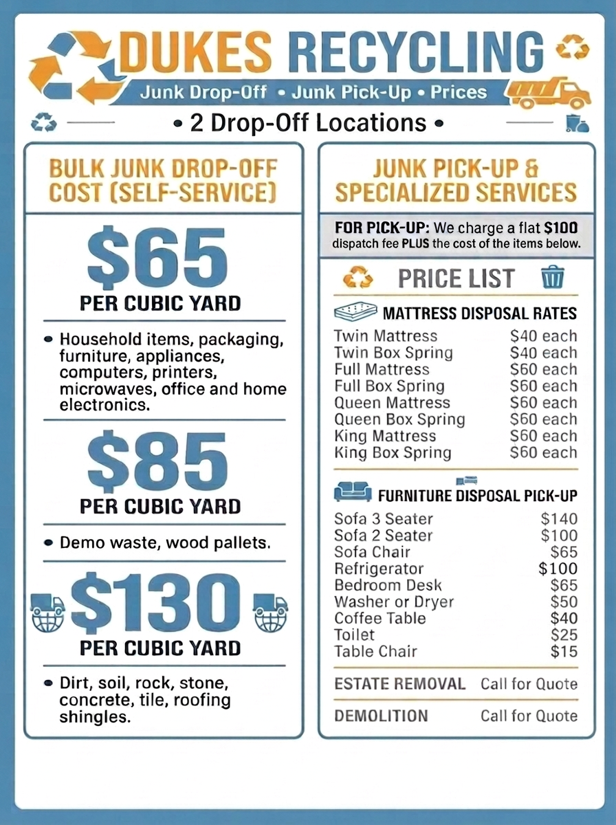 Duke's Junk Recycling price menu — bulk drop-off and pick-up disposal rates in Austin and Manor, TX